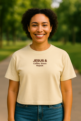 Woman wearing Jesus & Coffee, Grace, Grace Repeat Christian T-shirt