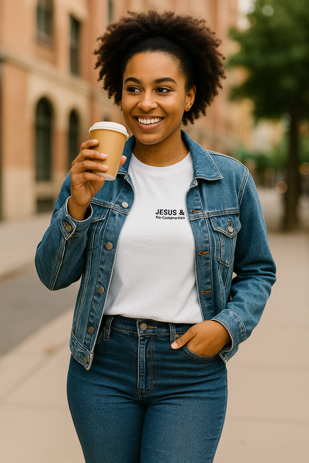 Woman wearing Jesus & No Compromise T-Shirt