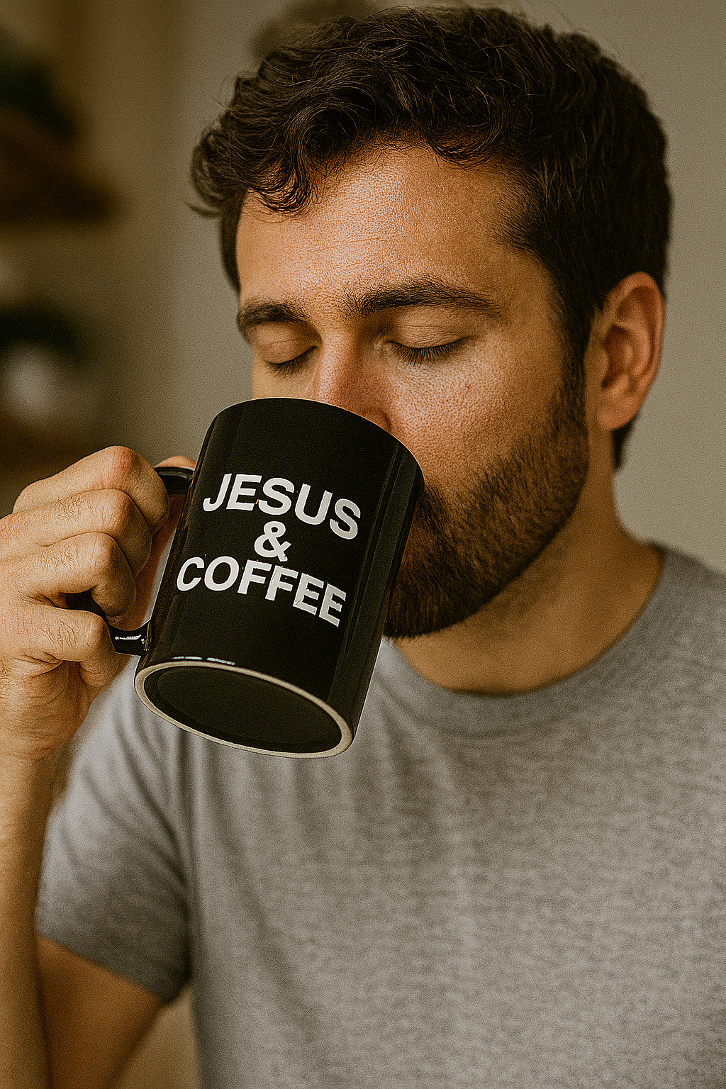 Man drinking from a black mug with 'JESUS & COFFEE' text