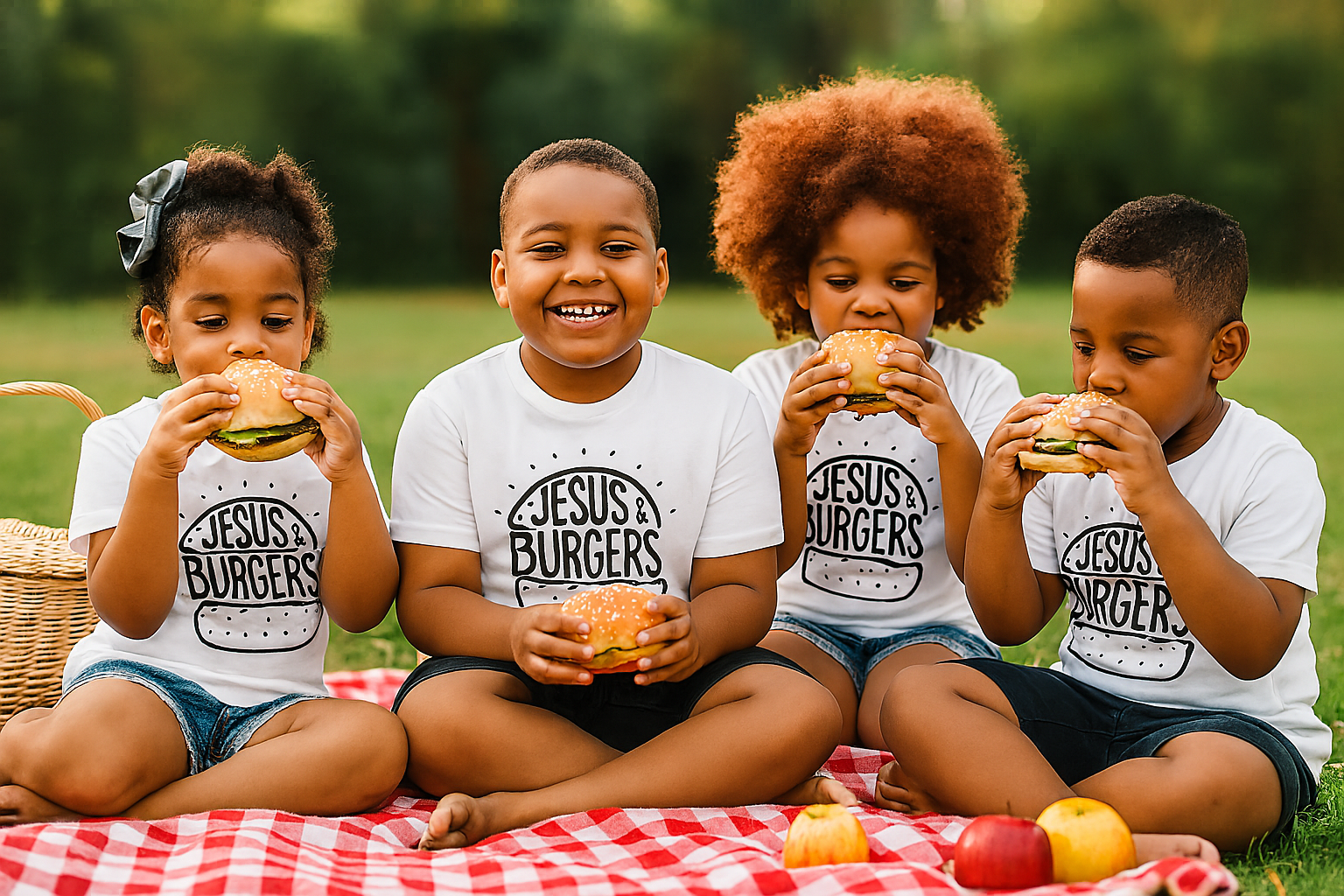 Four children sitting on a blanket outdoors, eating burgers with 'Jesus Burgers' shirts.
