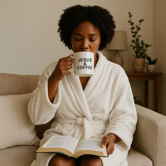 Woman in a white robe holding a mug with 'Jesus & Coffee' text, sitting on a couch with a book open.