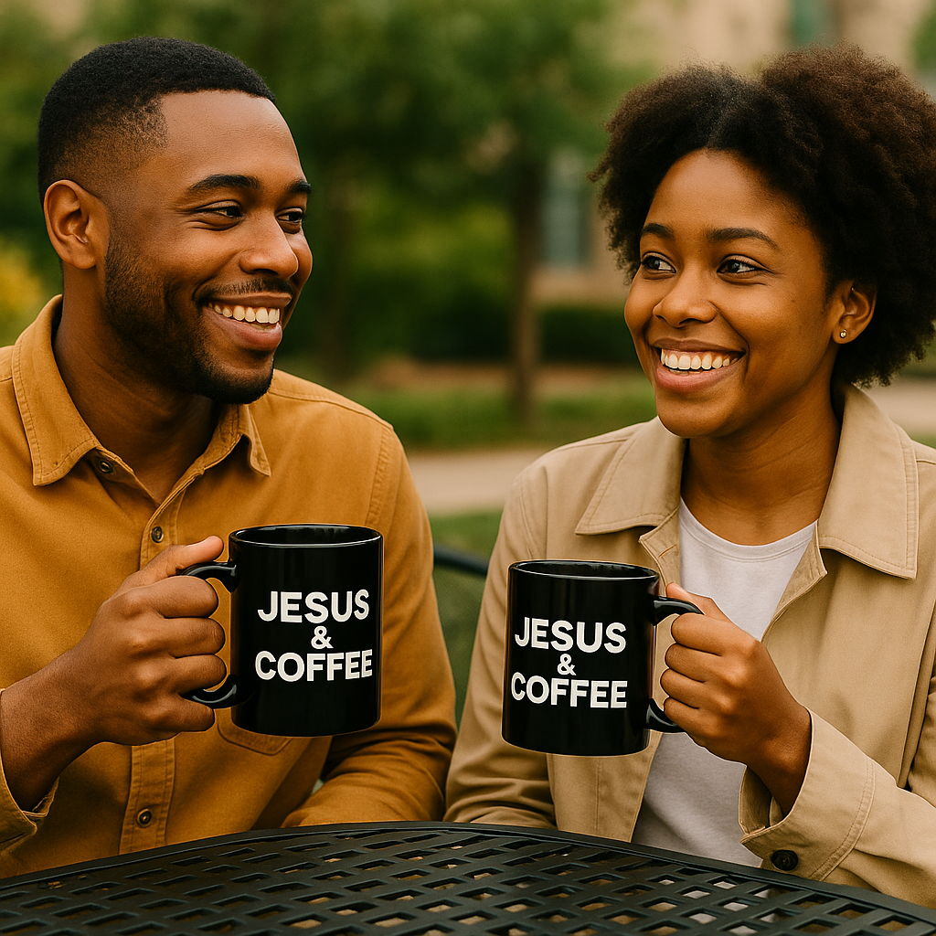Two people holding 'Jesus & Coffee' mugs outdoors.