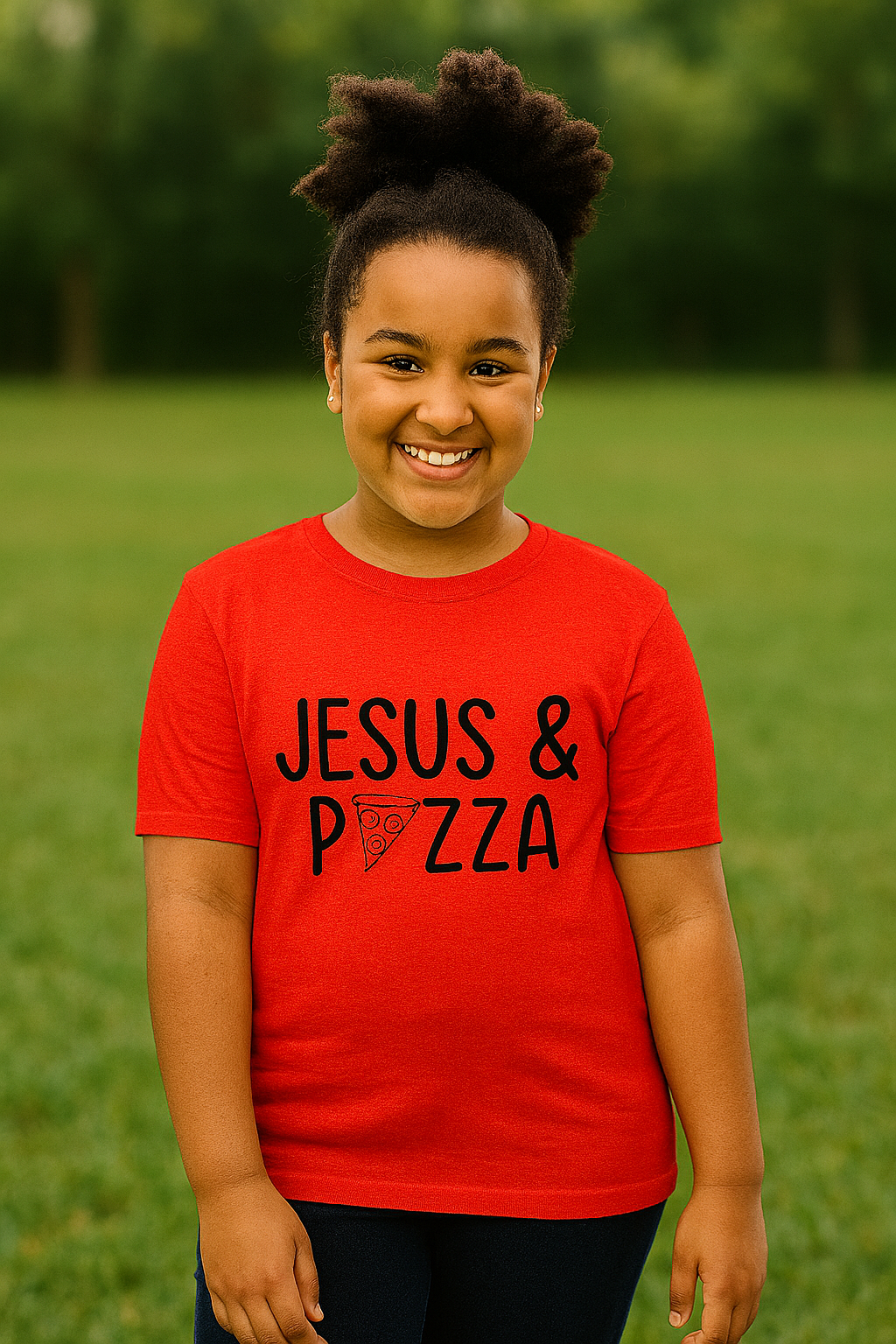Child wearing a red shirt with 'Jesus & Pizza' text in a grassy outdoor setting