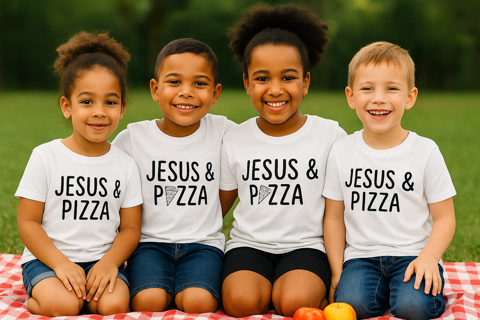 Four children wearing 'Jesus & Pizza' shirts sitting on a blanket outdoors.