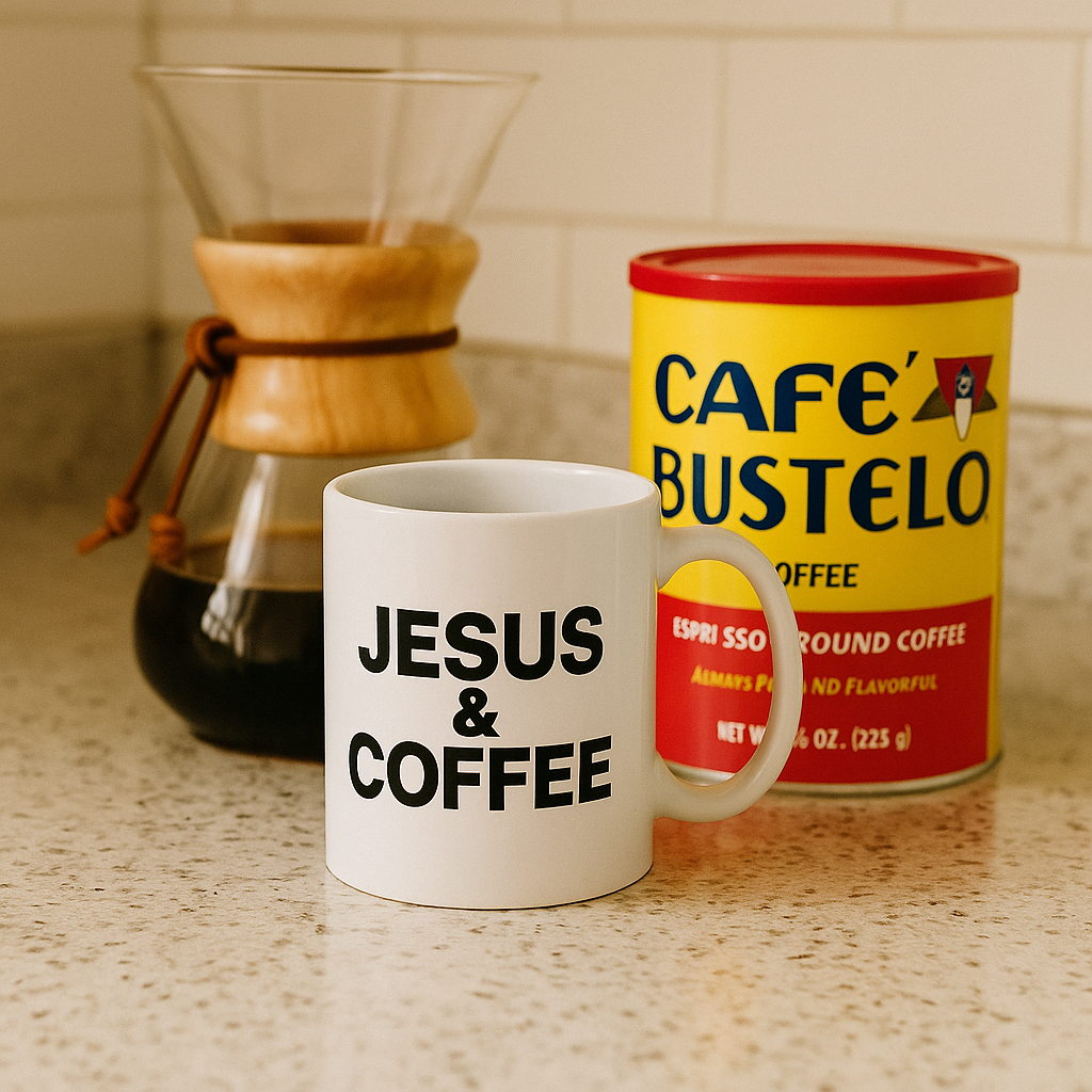 White mug with 'Jesus & Coffee' text next to a Cafe Bustelo coffee canister on a kitchen counter.