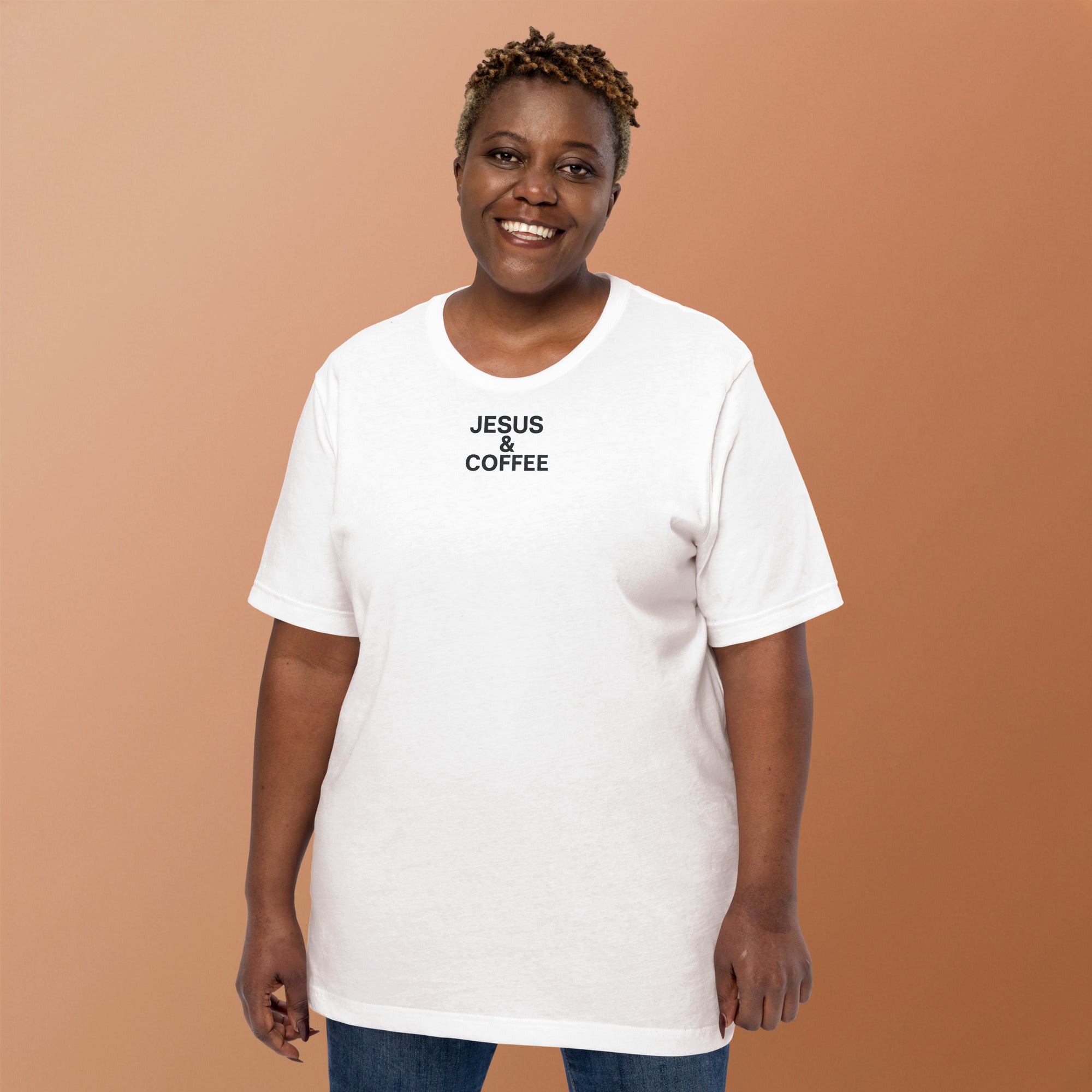 Woman wearing Jesus & Coffee T-shirt